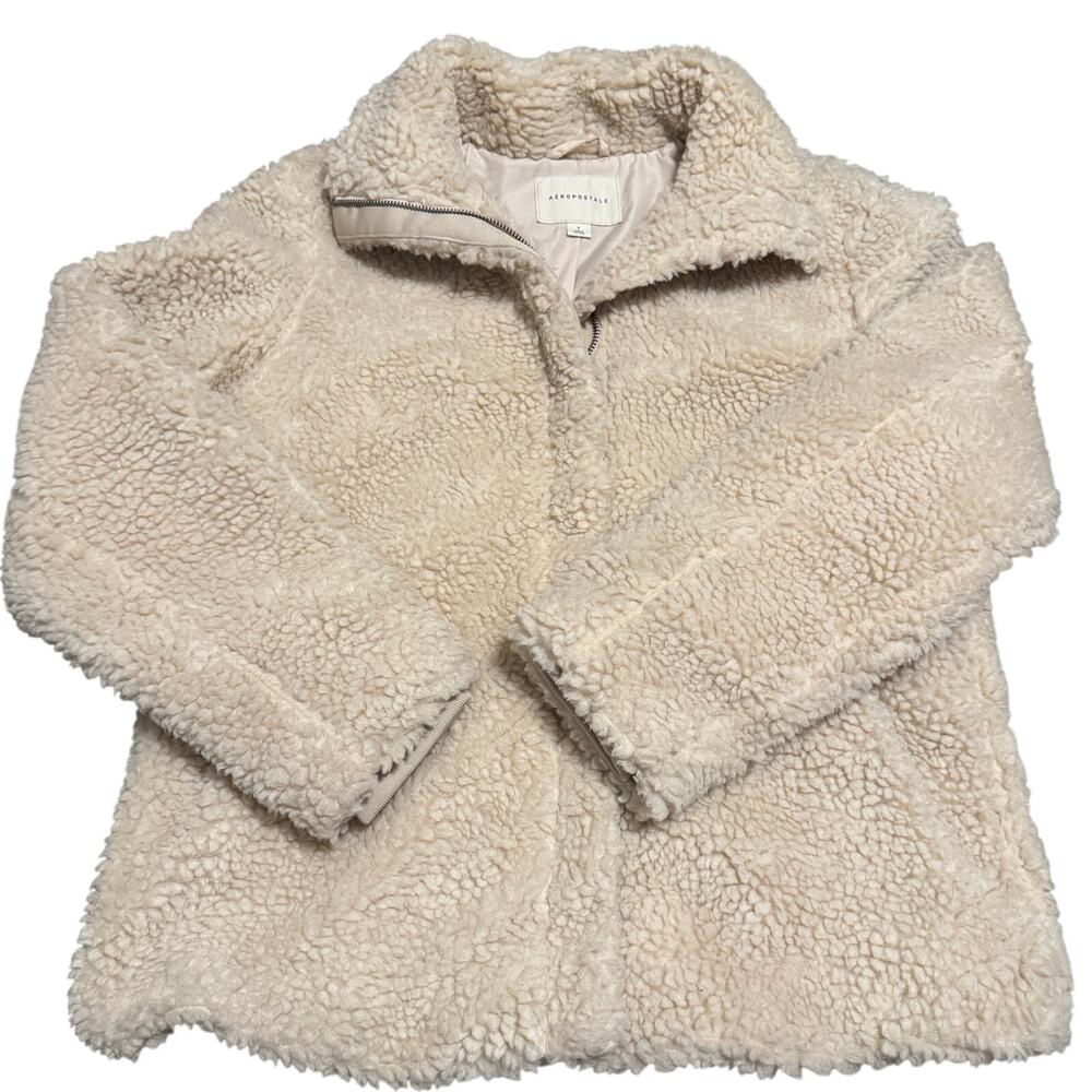 Aeropostale Sherpa Teddy Jacket Womens Small Cream Full Zip Cozy Fleece Coat